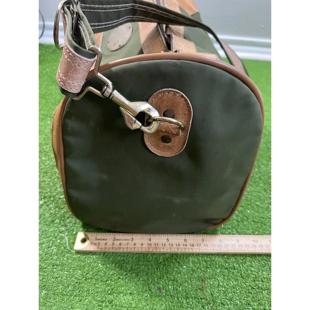 Vintage Waxed Canvas Weekender Duffle Bag Olive Drab Brown Leather Western 70s